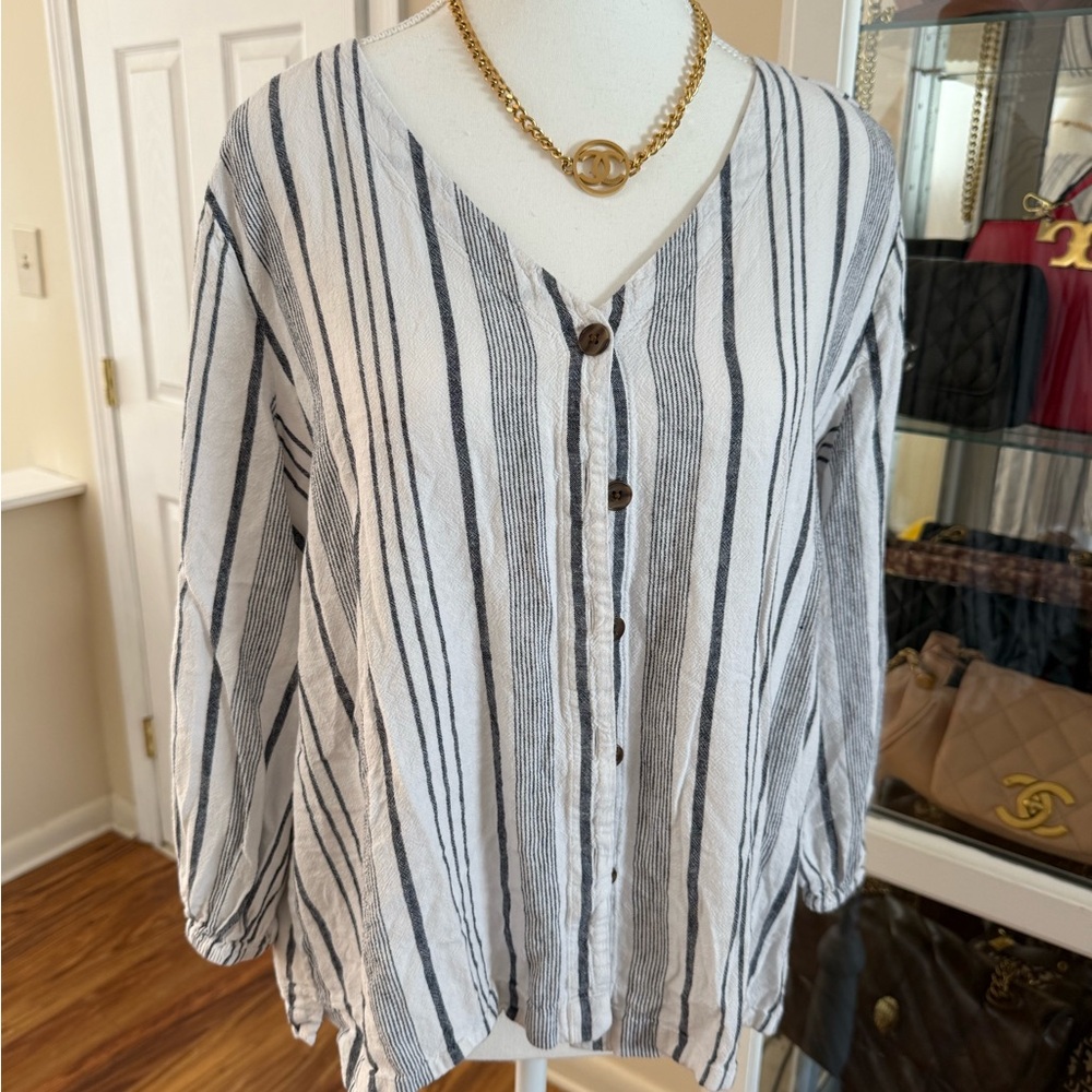 LOFT Black and White Striped Button-Down Shirt